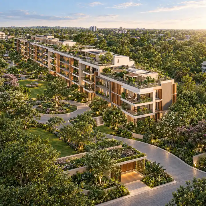 Krishvi Prana Hennur aerial view of the low-rise G+4 building in landscaped grounds off Hennur-Bagalur Road, artist's impression Krishvi Prana Hennur aerial view of the low-rise G+4 building in landscaped grounds off Hennur-Bagalur Road, artist's impression