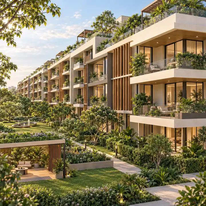 Krishvi Prana Hennur building exterior with planted balconies and timber screens, artist's impression Krishvi Prana Hennur building exterior with planted balconies and timber screens, artist's impression