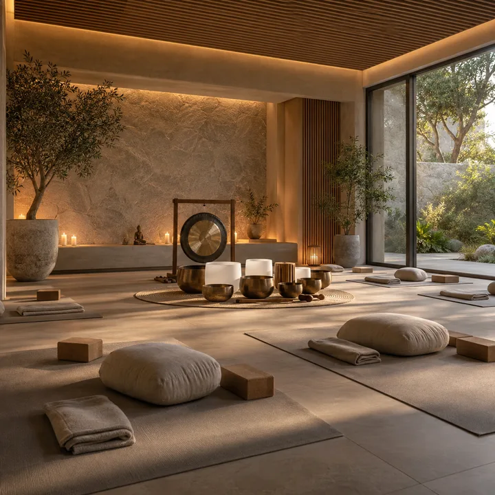 Krishvi Prana Hennur wellness studio with a sound-bath setting, artist's impression Krishvi Prana Hennur wellness studio with a sound-bath setting, artist's impression