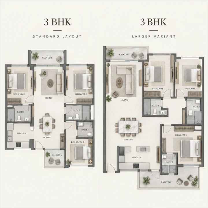 Krishvi Prana Hennur 3 BHK indicative floor plans, a standard layout and a larger variant Krishvi Prana Hennur 3 BHK indicative floor plans, a standard layout and a larger variant