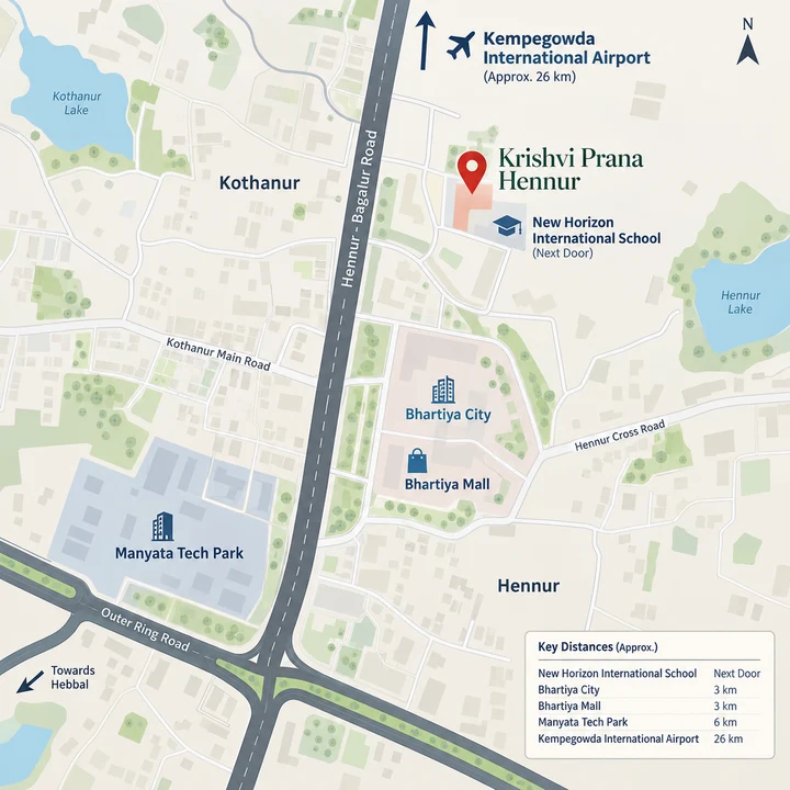 Krishvi Prana Hennur location map off Hennur-Bagalur Road with New Horizon International School, Bhartiya City and Manyata Tech Park Krishvi Prana Hennur location map off Hennur-Bagalur Road with New Horizon International School, Bhartiya City and Manyata Tech Park
